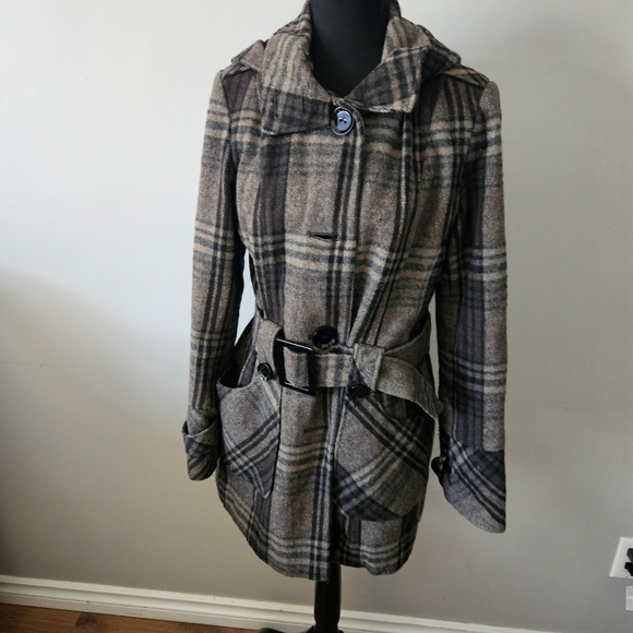 Novelti women's size 9/10 plaid buckled partial wool midi retro style peacoat - Picture 4 of 10
